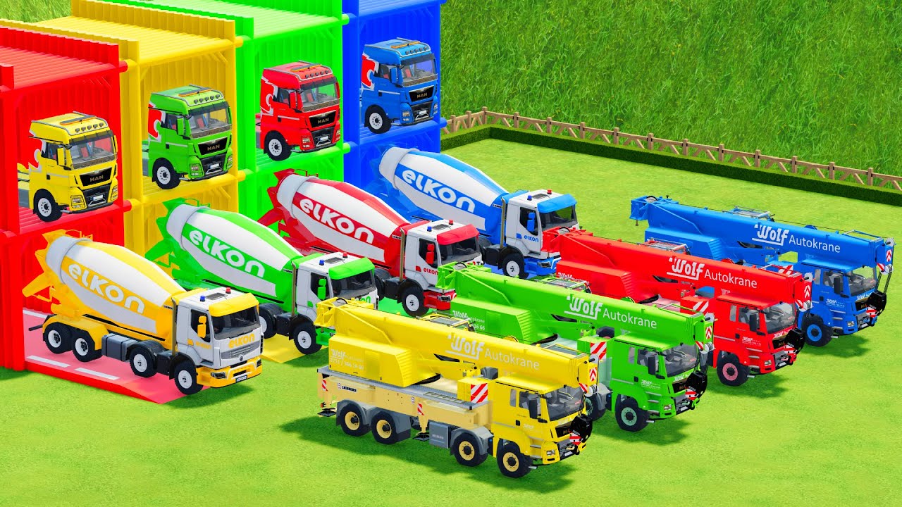 Transport with Colors - ALL MIXER TRUCK WITH DOUBLE FLATBED TRAILER TRUCK, ELKON, LIEBHERR - FS22