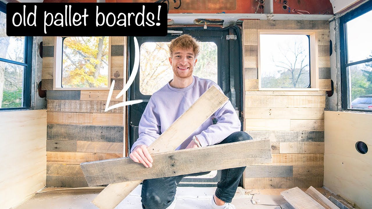 FREE DIY Pallet Board Walls in School Bus Tiny Home - Skoolie Build Ep. 19