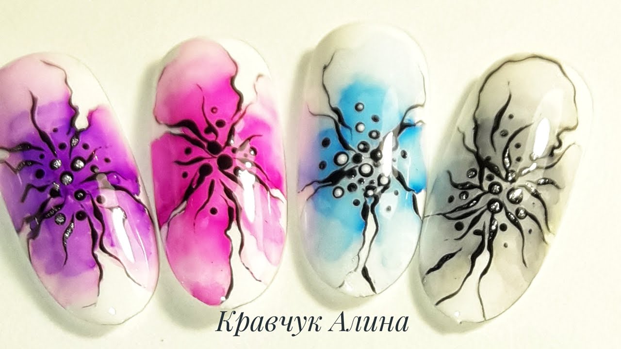 Рисуем цветы акварельными каплями на ногтях 🌹