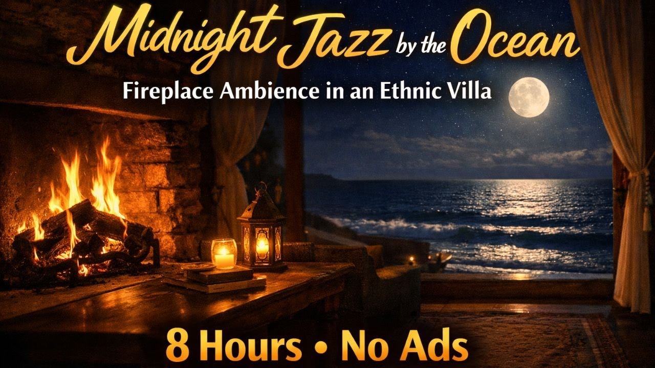 Midnight Jazz by the Ocean | Fireplace Ambience in an Ethnic Villa | 8 Hours No ads
