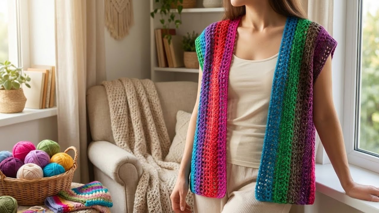 🌈 Gökkuşağı Etkisi! Sadece 1 Günde Örebileceğiniz En Şık RAINBOW Vest 🧶