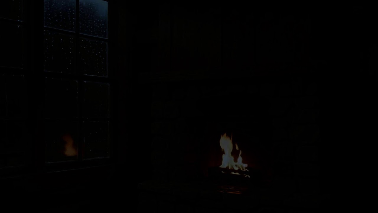 Midnight Rain on Window Sounds with Soft Fireplace Ambience for Relaxation