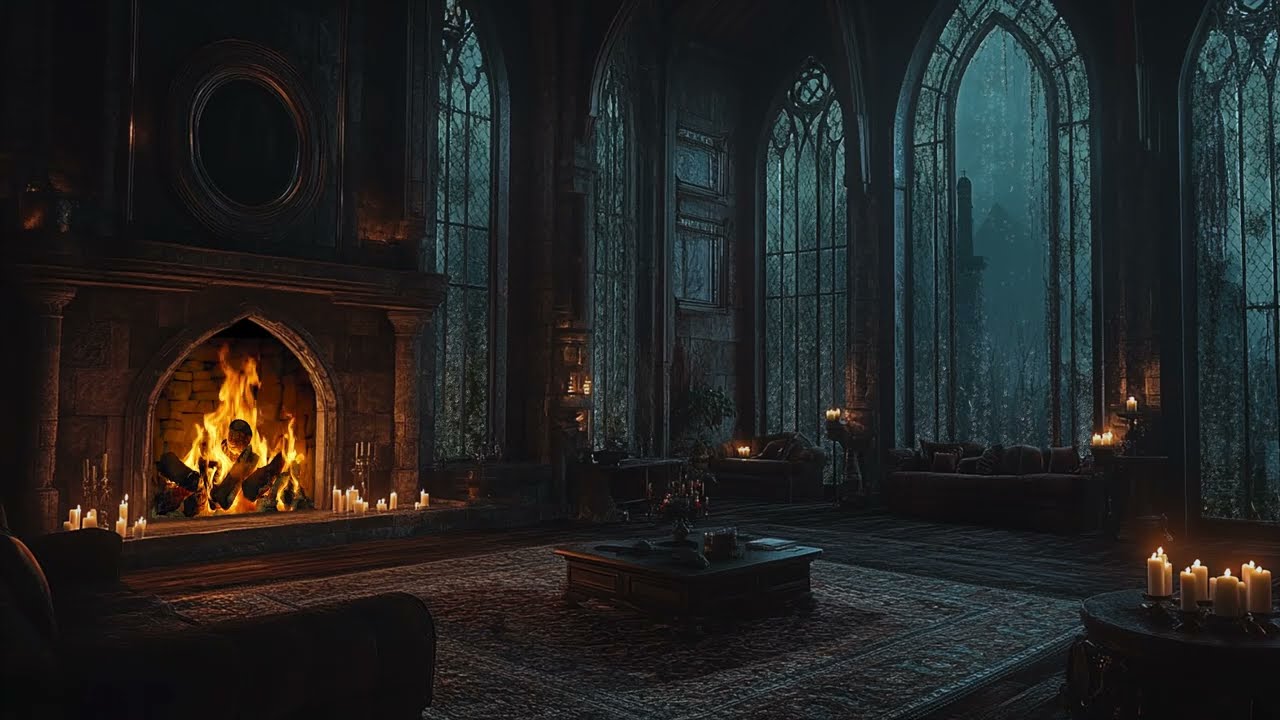 A Lonely Night in the Grand Hall – Victorian Rain & Crackling Fire Ambience
