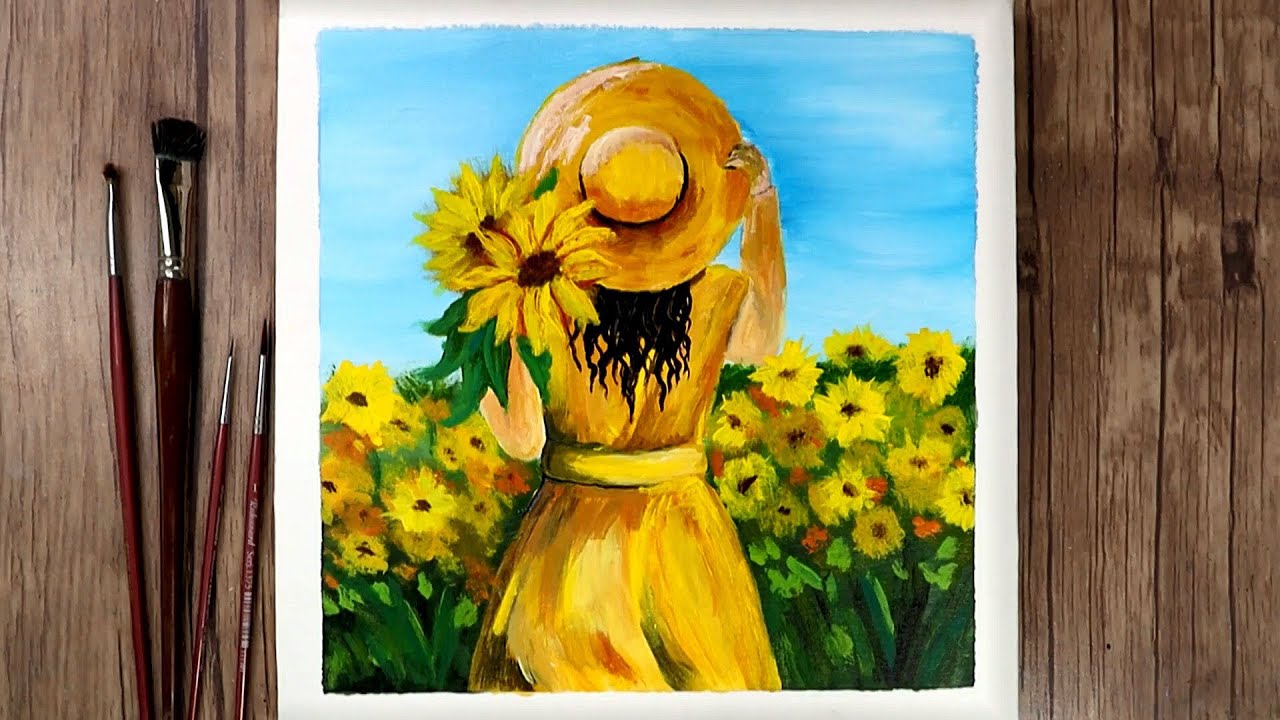 How to Paint a Girl for Back Side with Sunflowers | Simple Painting for Beginners