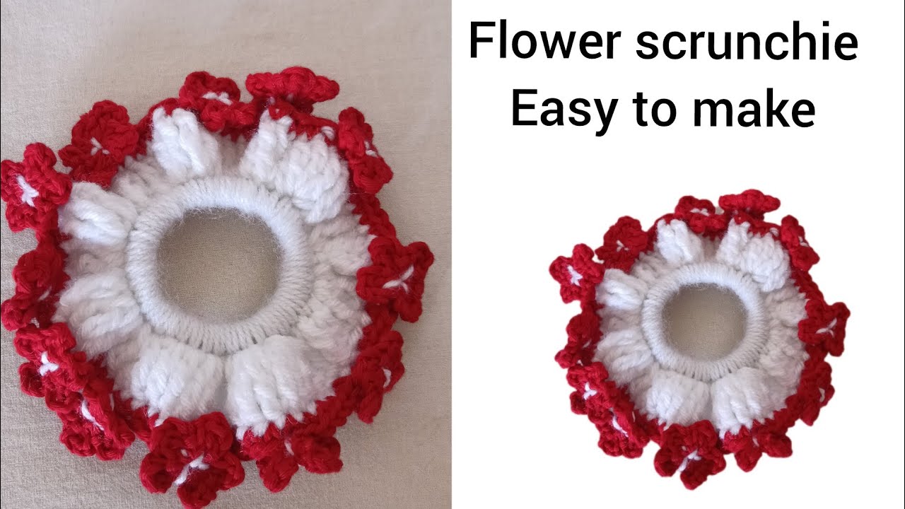How to crochet flower scrunchie @Pinak-u3x Begginer friendly crochet tutorial,daisy hairband 
