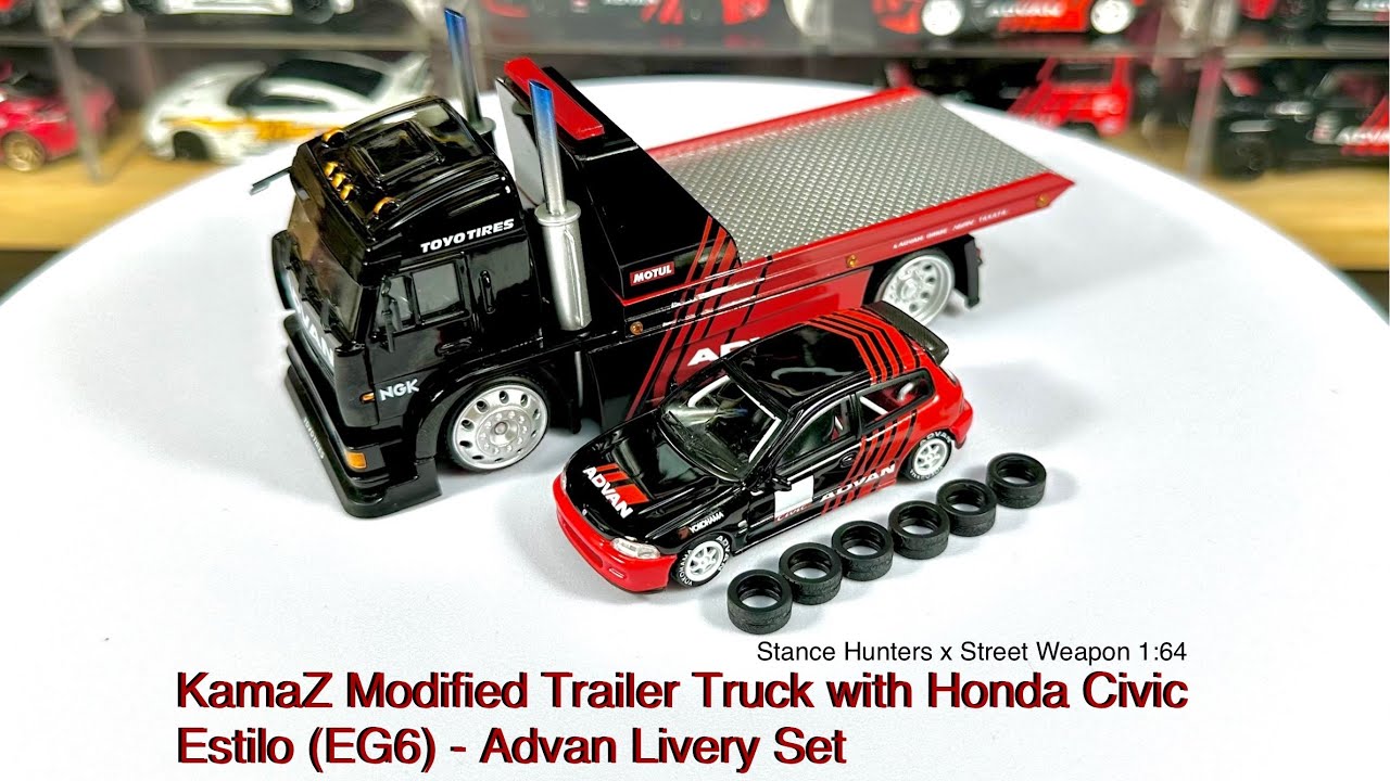 Stance Hunters x Street Weapon 1:64 KamaZ Modified Trailer Truck with Honda Civic (EG6) - Advan #120