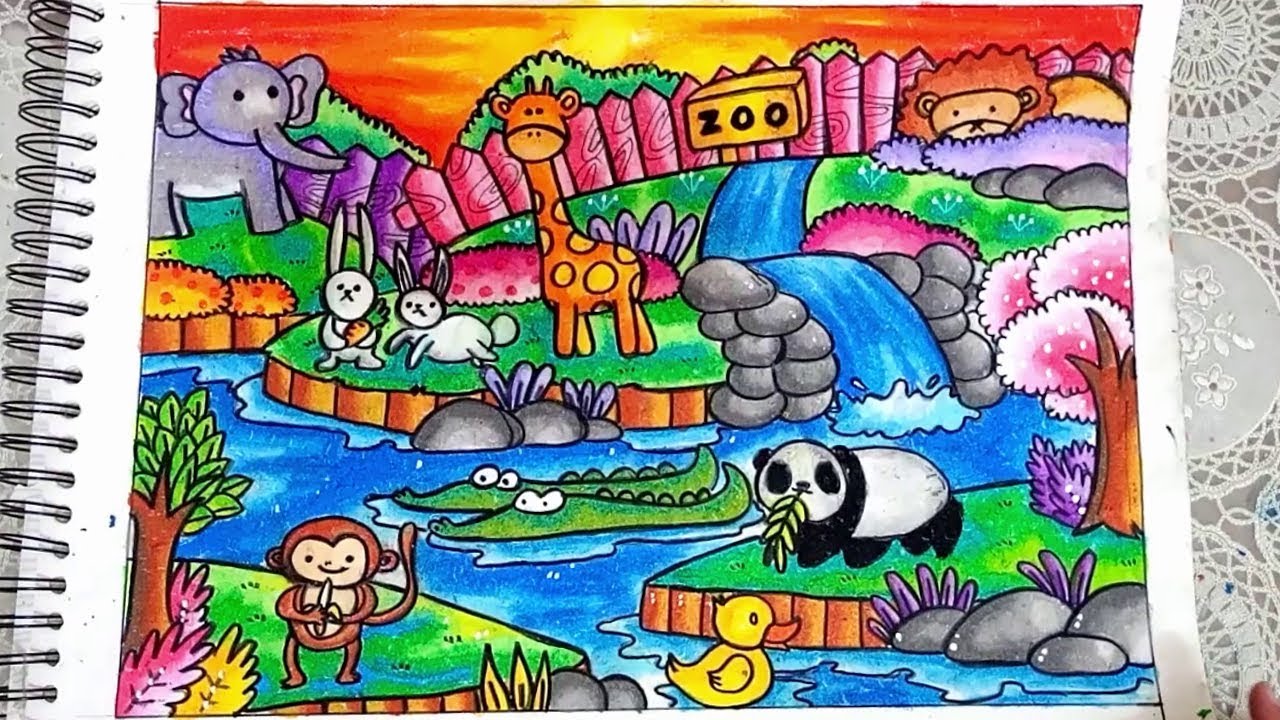 Cara Menggambar dan Mewarnai Ilustrasi Kebun Binatang - Gradasi warna oil pastel untuk pemula