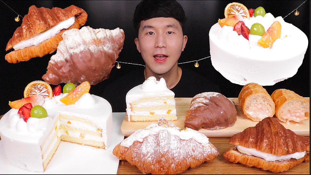 [SUB]🍑과일 생크림 케이크🍓& 말차,🍫누텔라크루와상🥐 먹방(🍑Fruit cream cake🍓, cod roe baguette, croissant)#MUKBANG