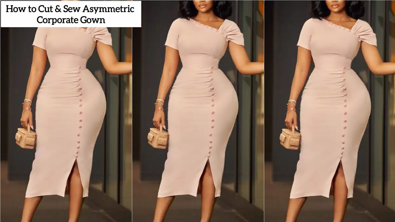 How to Cut and Sew a Princess Dart Corporate Gown with an Asymmetric Neckline||Beginner's Tutorial.