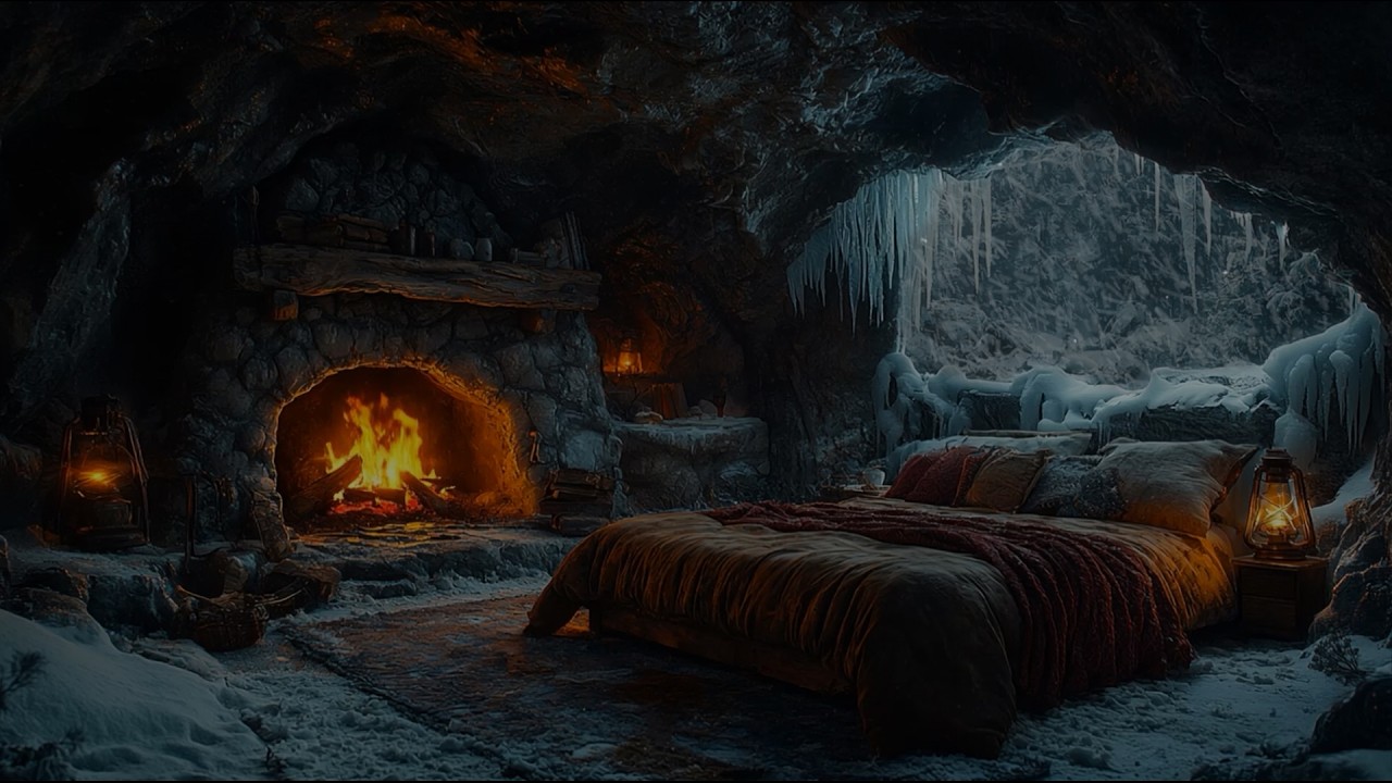 Cozy Cave Ambience | Fireplace Crackling & Snowstorm Sounds for Sleep, Relax❄️🔥Howling Wind, Winter