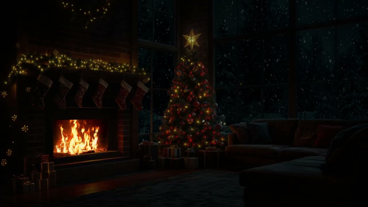 🎄Falling Snow, Crackling Fireplace, and Gentle Wind Sounds | Peaceful Christmas Ambience