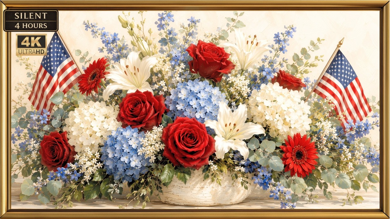 July 4th Patriotic Floral Frame TV Art 4K | Red, White & Blue Farmhouse Decor