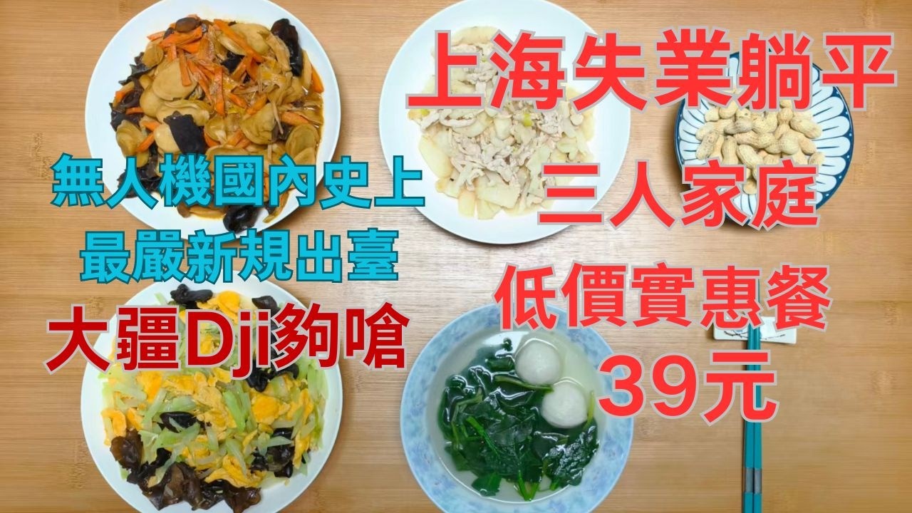 無人機國內史上最新最嚴規則出臺大疆這回夠嗆/上海失業躺平底層三人家庭低價實惠餐39元（178臺幣884日本円5.68美元）/高物價上海如何精打細算/2026/2/25