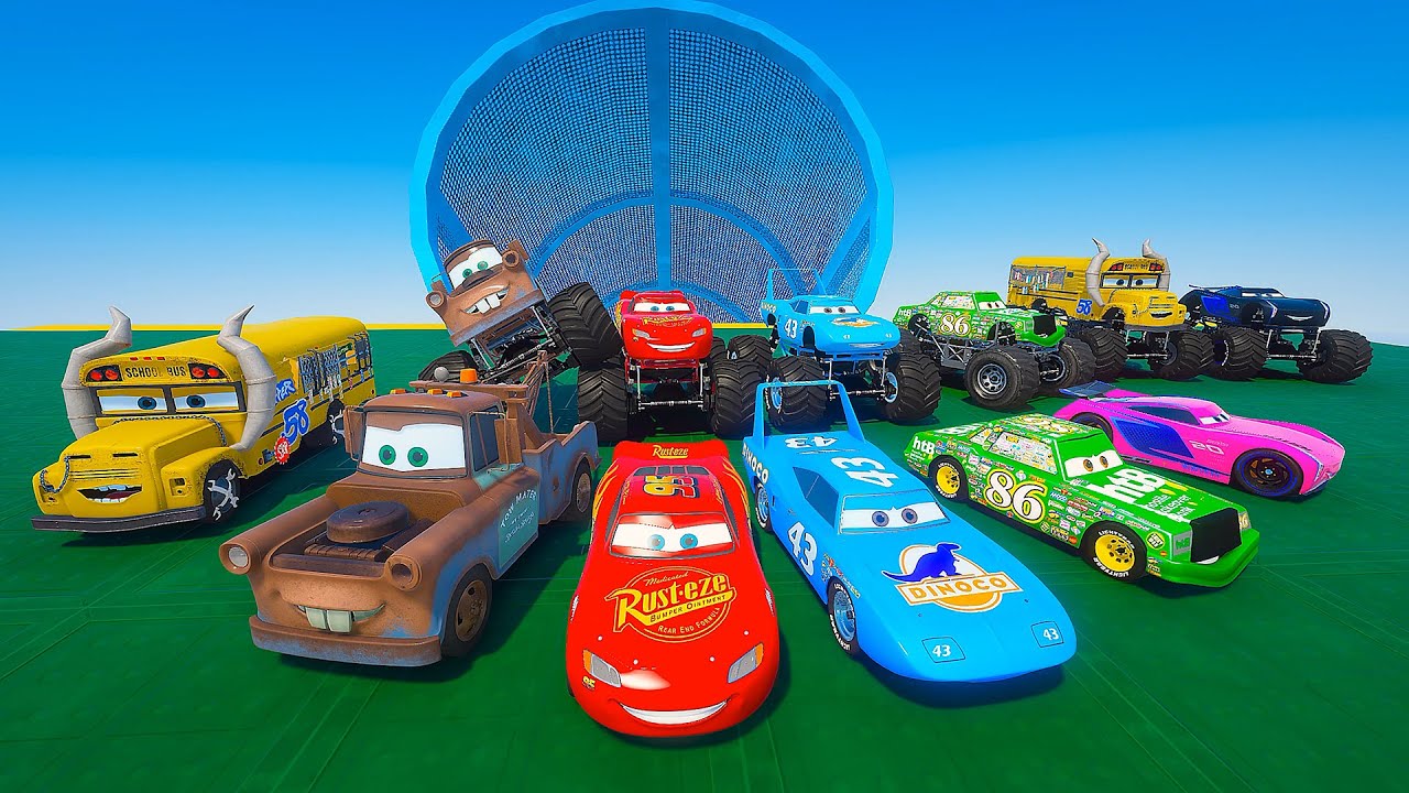 Cars Sky Tube Jump Challenge — McQueen The King Chick Hicks Jackson Storm Cruz vs Monster Trucks