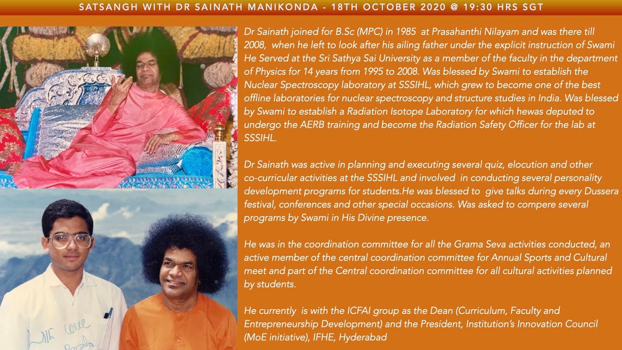 Satsangh with Dr Sainath Manikonda  on Sadhana - 18th October 2020 @ 19:30 hrs SGT