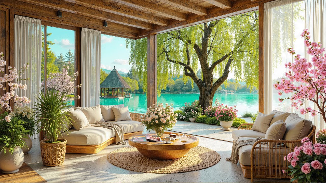 Calm Spring Jazz Indoors | Spring Lake Ambience with Soft Water Movement for Focus & Ease