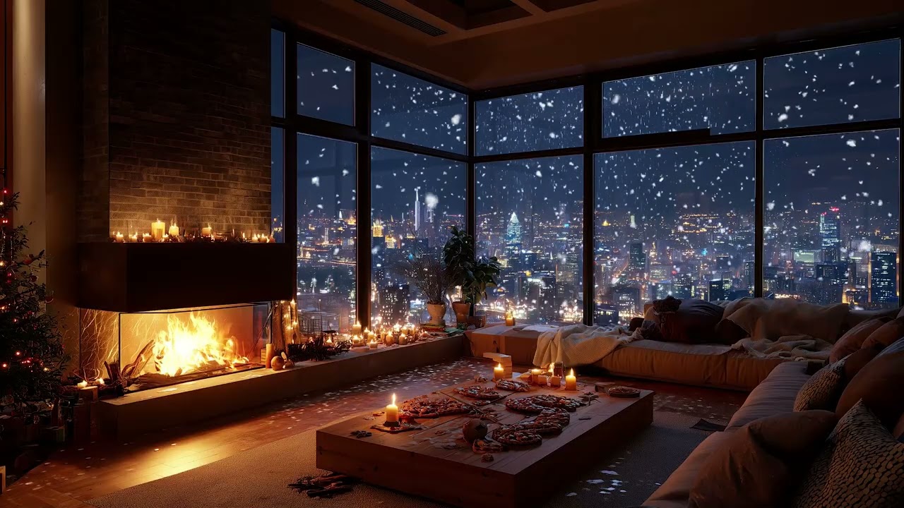 Snowy Cabin Night Atmosphere | Fireplace Warmth for Deep Sleep
