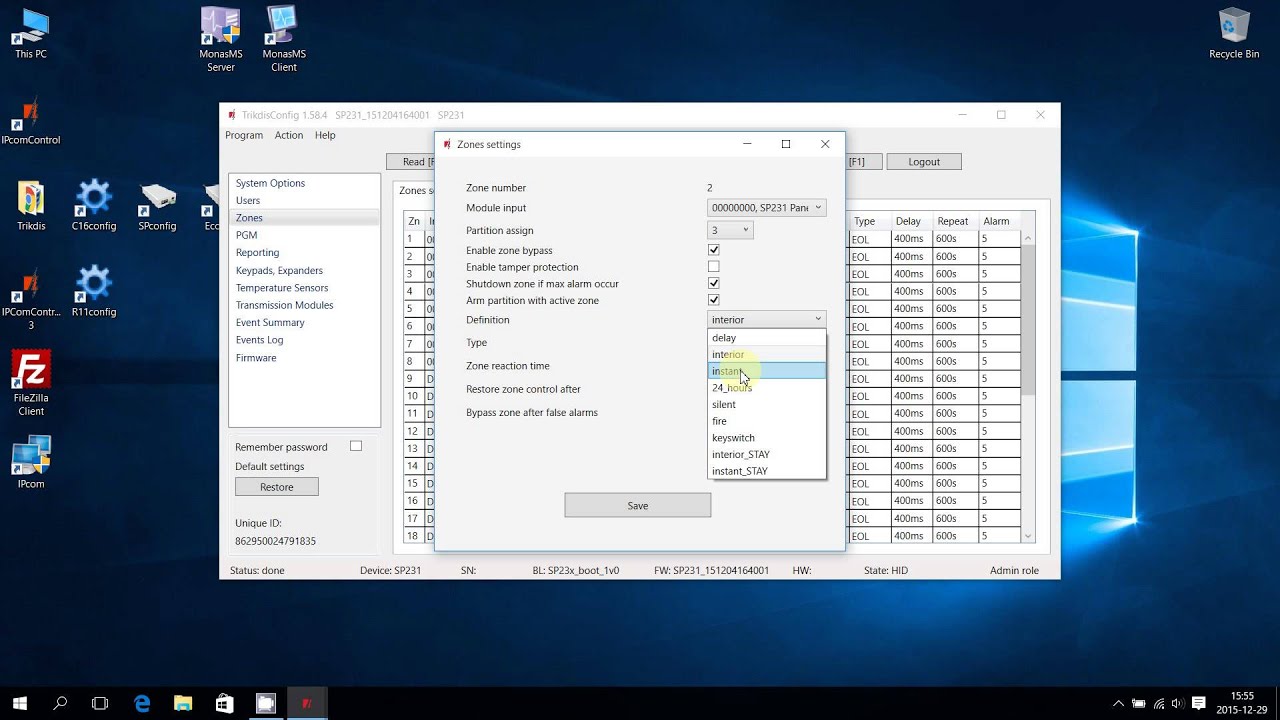Control Panel SP231. Configuring Zones