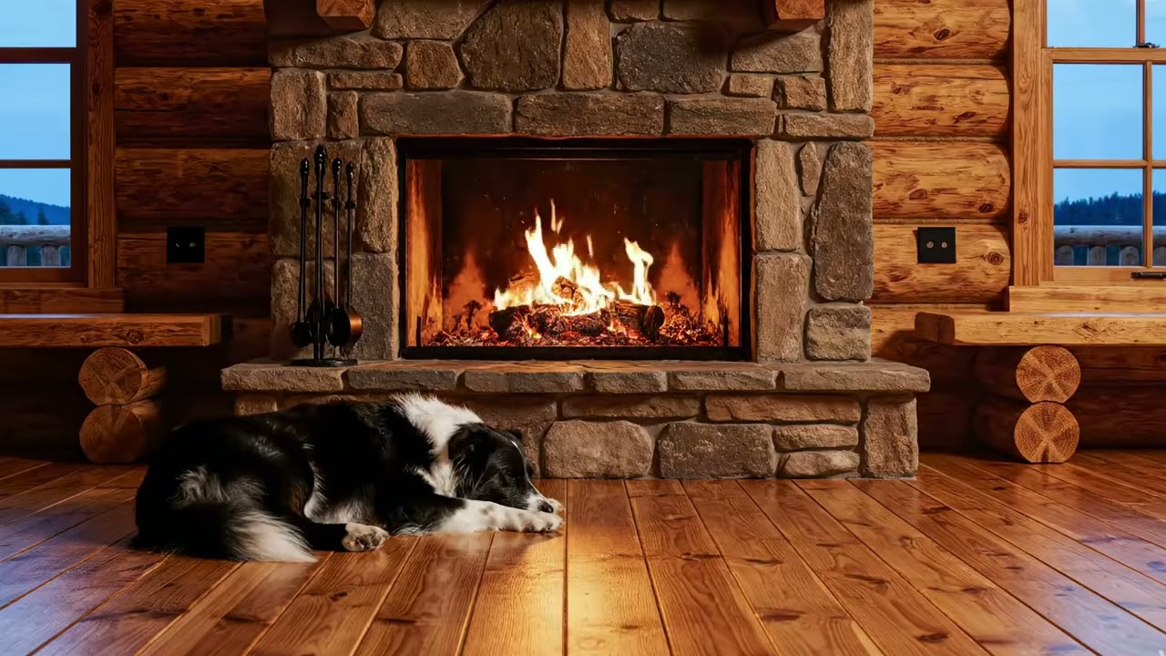 Cozy Cabin Fireplace with dog : Crackling Fire (4K, 10 Hour) #fireplace #bordercollie