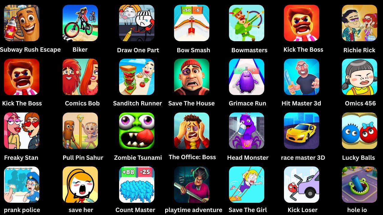 Roblox,Poppy Playtime 4,Grimace Monster Scary Survival,Thief Puzzle,Granny,Stumble Guys,Temple Run 2