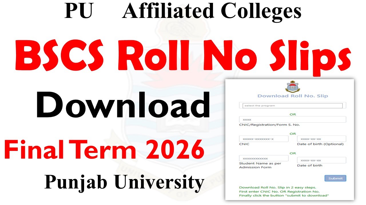 BS Affiliated Colleges PU Roll No Slips 2026 Final Term | BSCS Roll No Slips 2026 | PU Exams BS