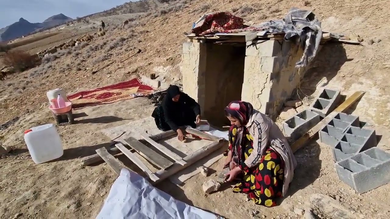 Pregnant girl and her mother repair cave door to stay safe and sleep peacefully.