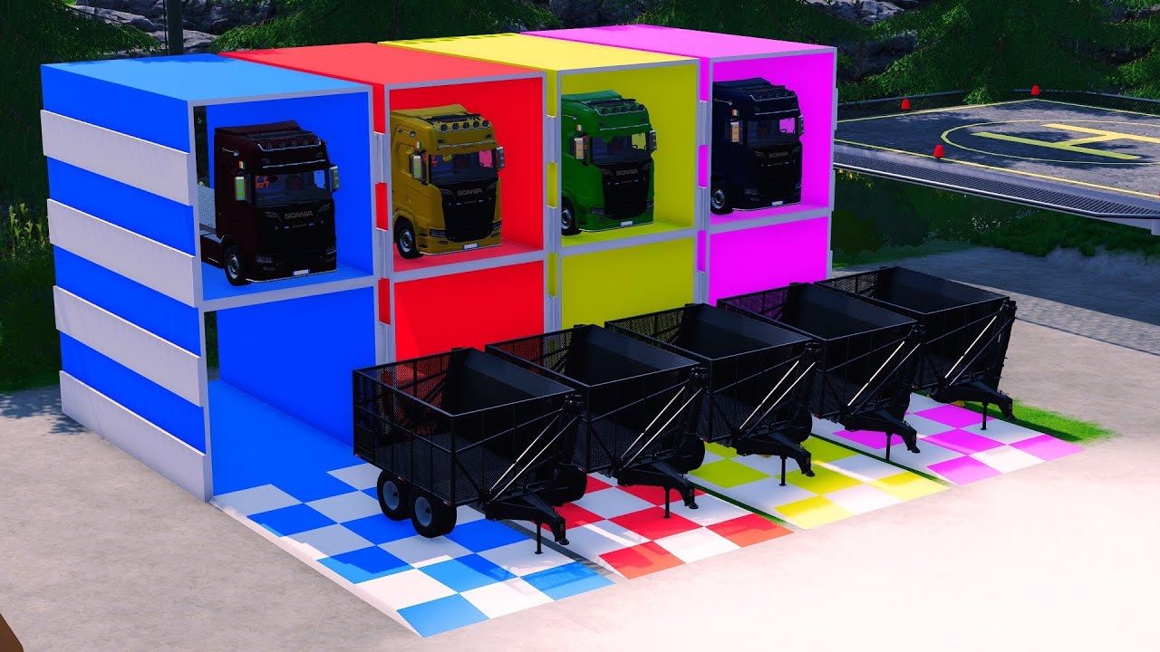TRANSPORTING BUS, POLICE CARS, DUMP TRUCK, BOX TRUCK, FIRE TRUCK WITH SCANIA TRUCK -FS22 #33 