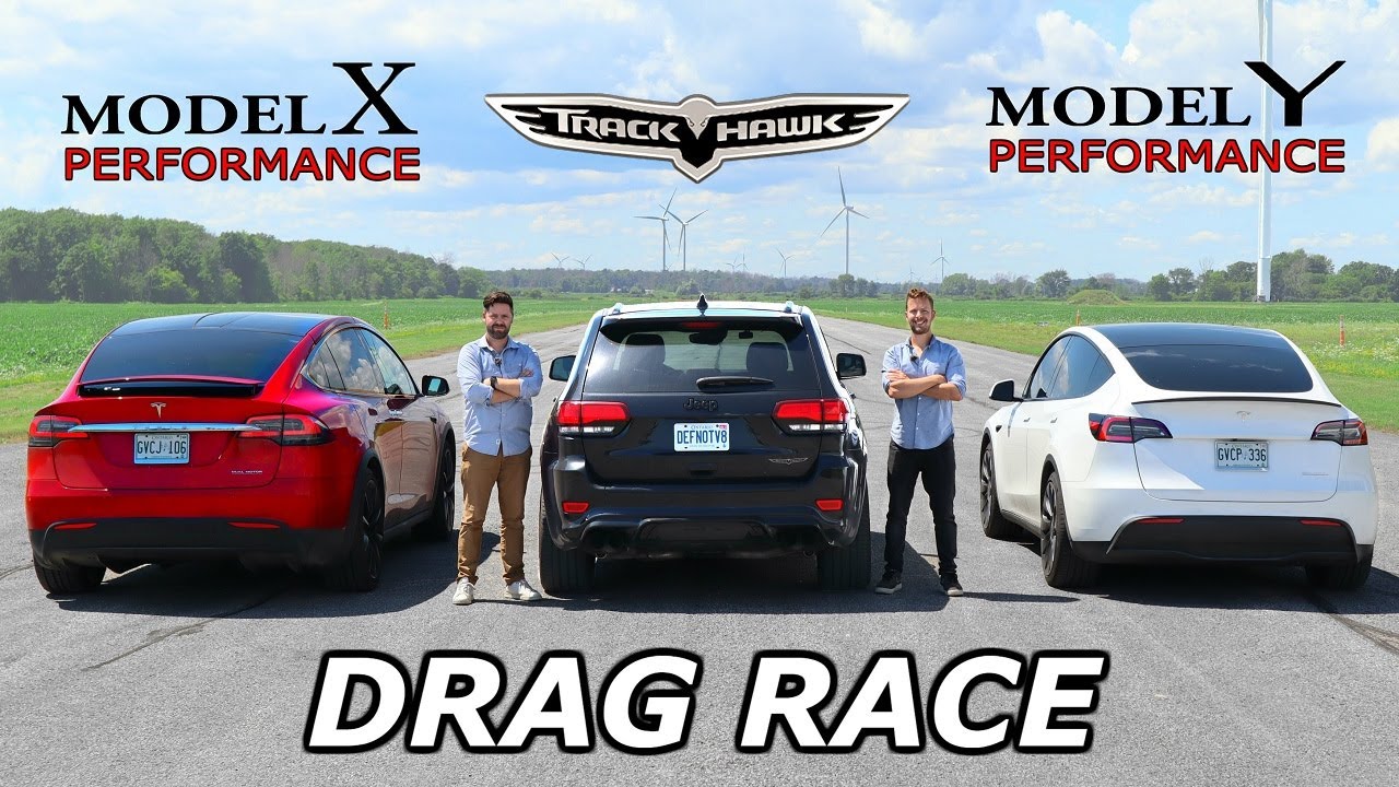 Jeep Trackhawk vs Tesla Model Y Performance vs Tesla Model X Performance // DRAG & ROLL RACE