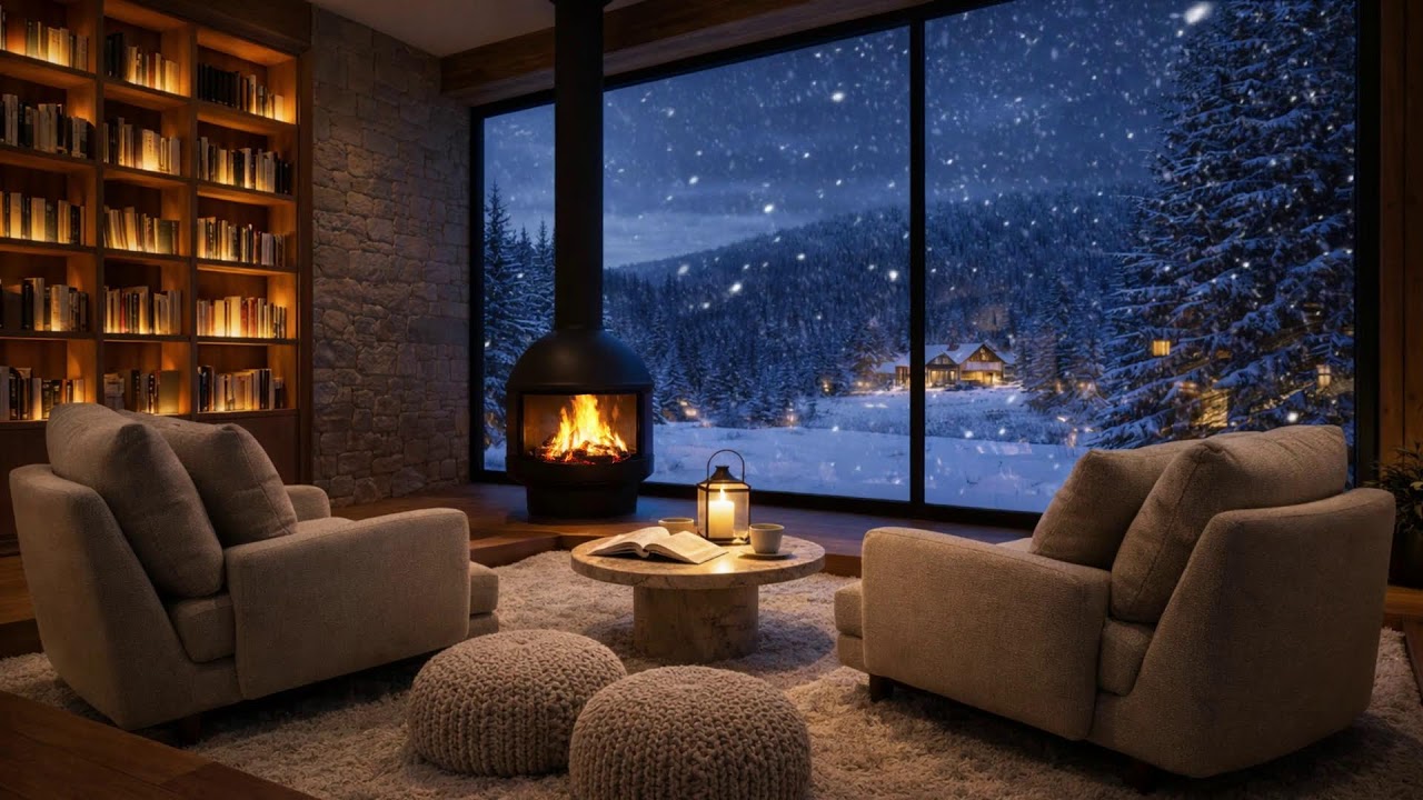 You Fell Asleep in a Snowy Forest Cabin  Warm Fireplace Night & Peaceful Snowfall