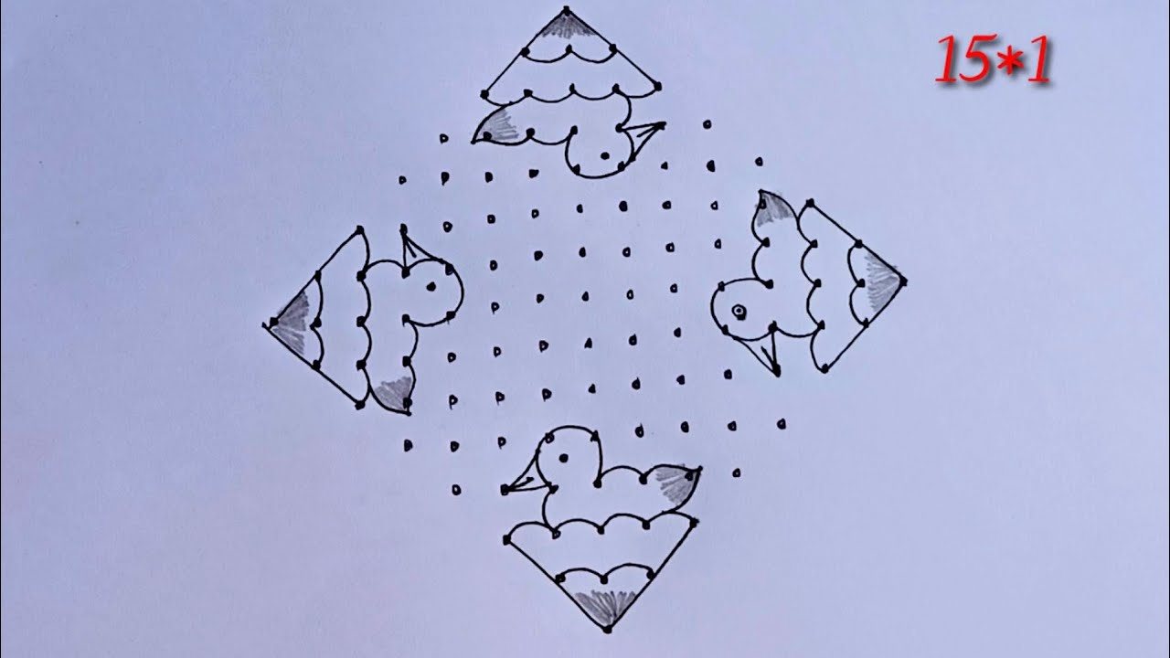 15*1 dots rangoli|beautiful birds rangoli|easy rangoli|BY THULASI CREATIVE RANGOLI 