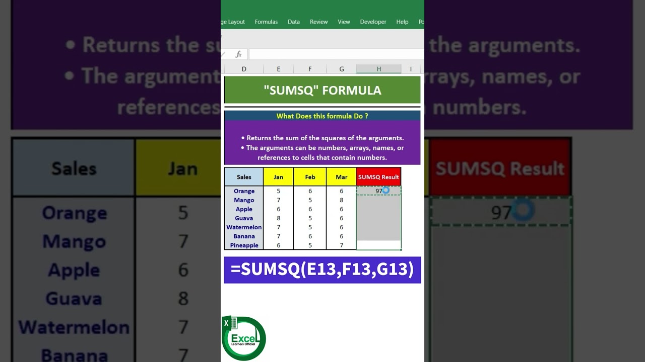 SUMSQ Formula in Excel #shortsfeed #shortsviral #excel #exceltutorial #excelcourse #excelformula