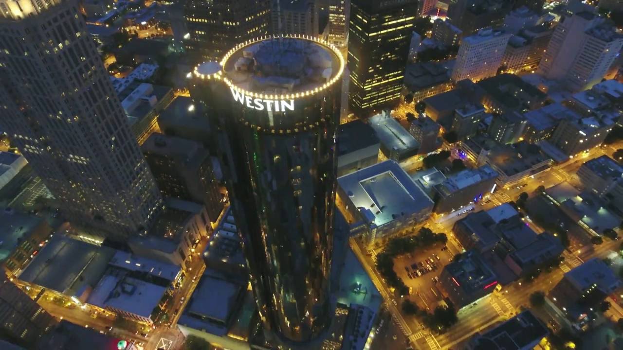 UAV/Drone Views of Atlanta's 5th Tallest Skyscraper (Westin Peachtree Plaza) with Downtown Skyline