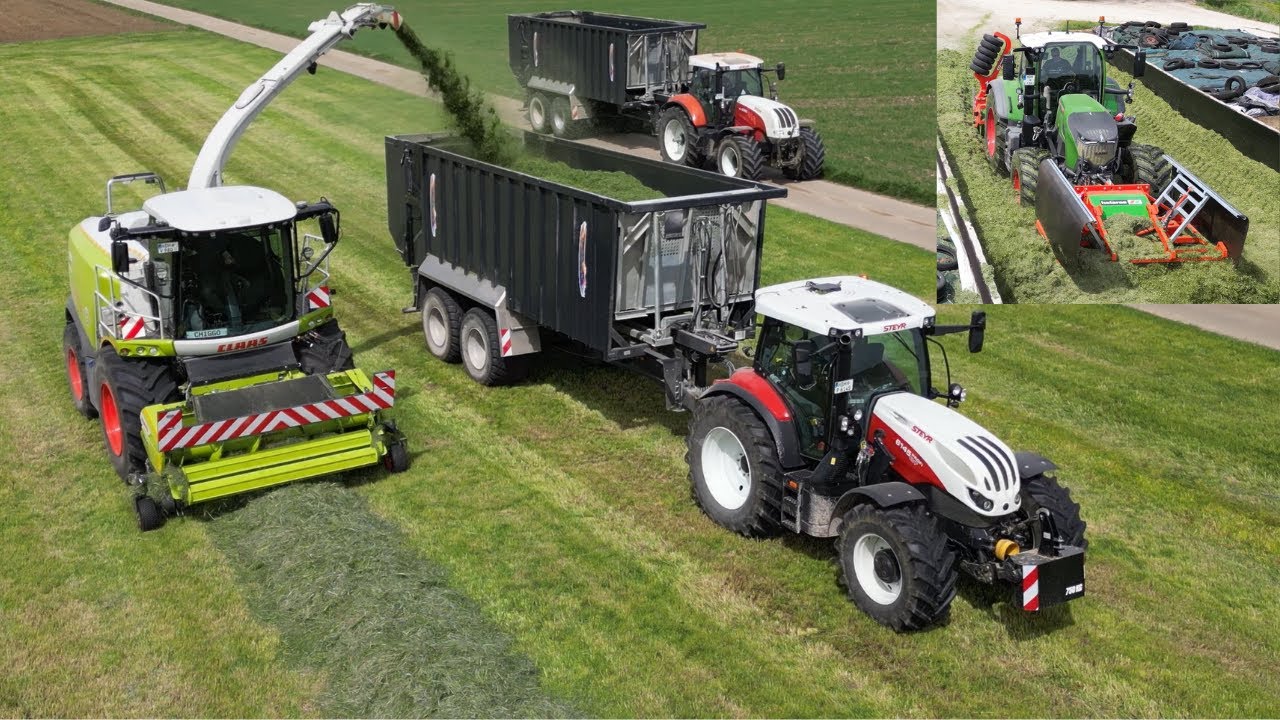 Gras häckseln (Claas Jaguar 970/Steyr/Demmler/Fendt 728 Vario) mit dem Lohnunternehmen Vetter