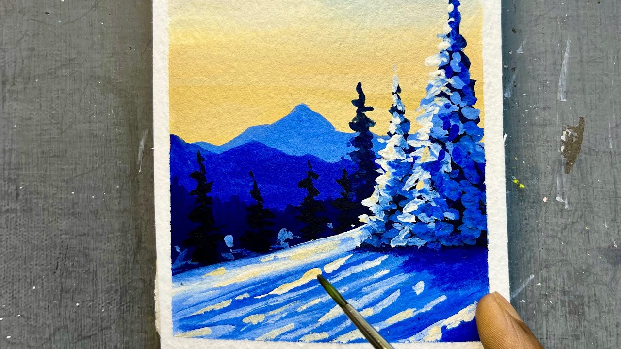Beautiful Snowy Forest & Mountains | Easy Gouache Painting