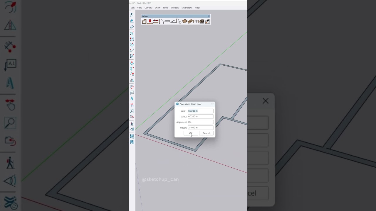 3D wall modeling in SketchUp using Dibac Plugin.Convert 2D plans into 3D walls. Plugin:Dibac