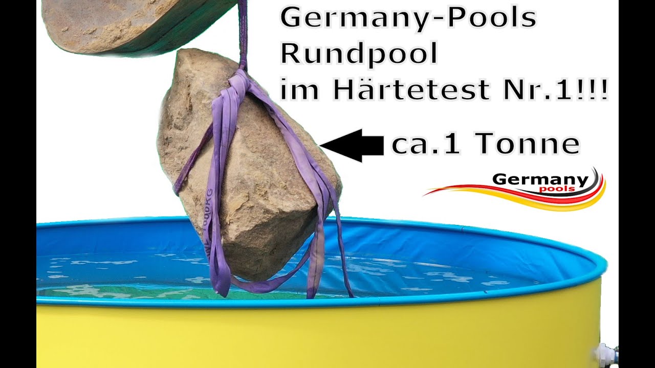Stahlwandpool wird mit einem Stein getestet 1Tonne Germany-Pools Rundpool freistehend im Test Bagger