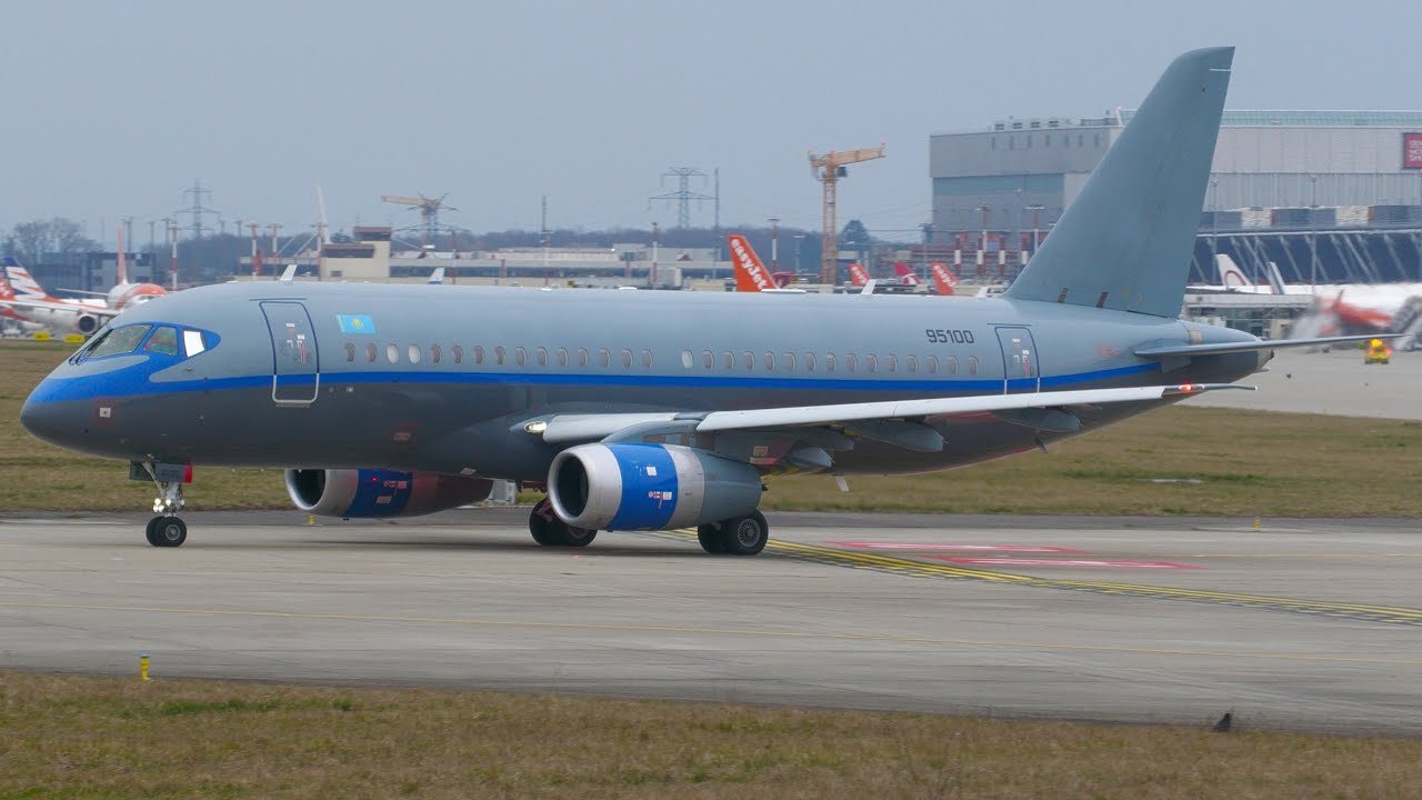 4K | **RARE** Kazakhstan Government Sukhoi Superjet 95100 takeoff at Geneva/GVA/LSGG