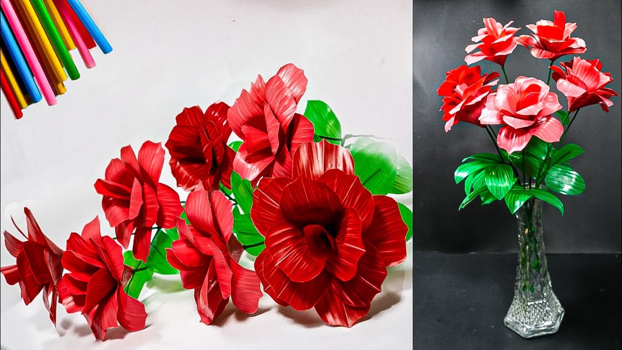 cara membuat bunga mawar hias dari sedotan kreatif simple | straw rose decoration