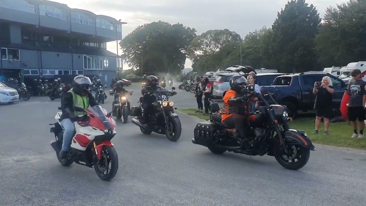 Motorcycles leaving Cambridge on the Thunder Ride to Frankton Thunder, March 2026