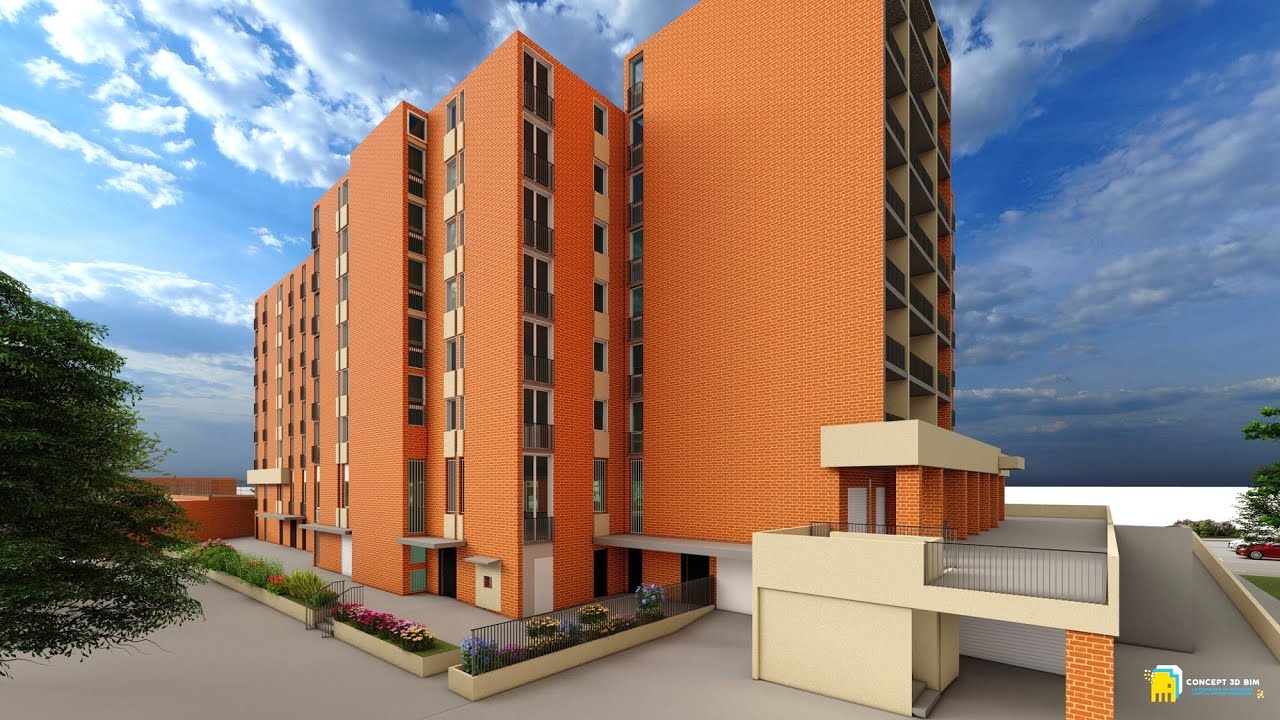 Maquette 3D BIM: Centre urbain avec tours, commerces, parking et parc
