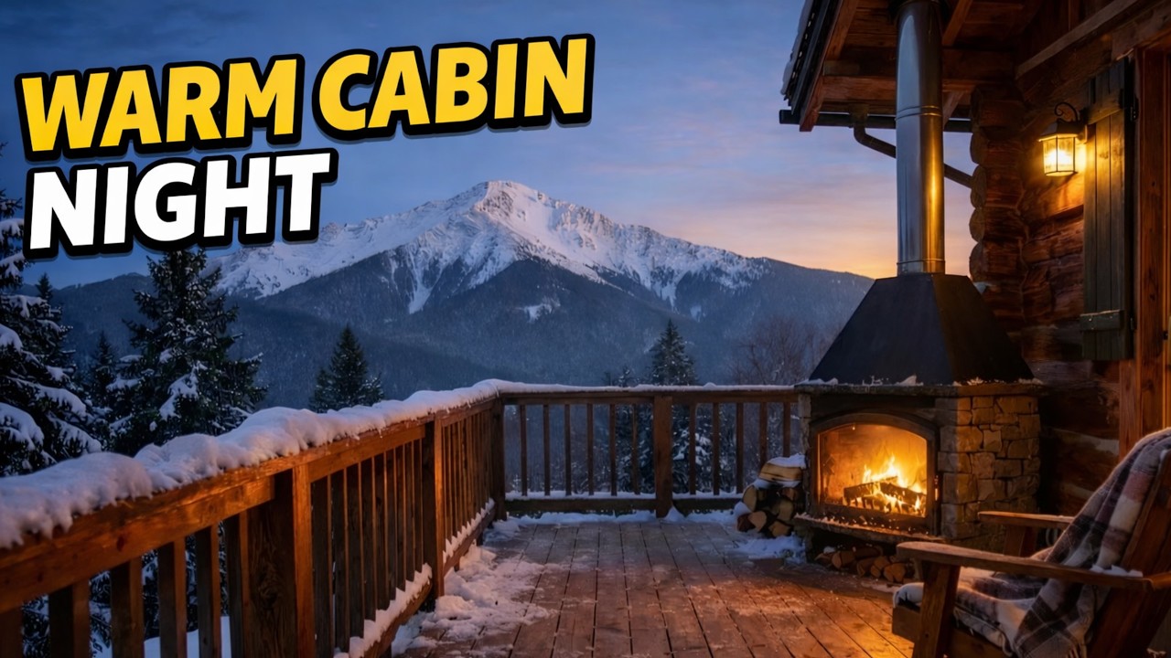 Cozy Cabin Balcony Fireplace ❄ Snowy Mountain Night | Soft Piano Ambience