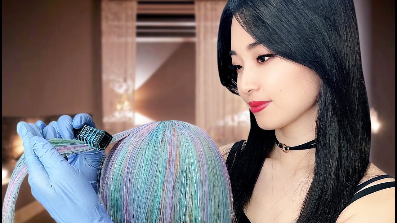 [ASMR] Hair Dye with Hair Chalk and Tinsels ~ Unicorn Style