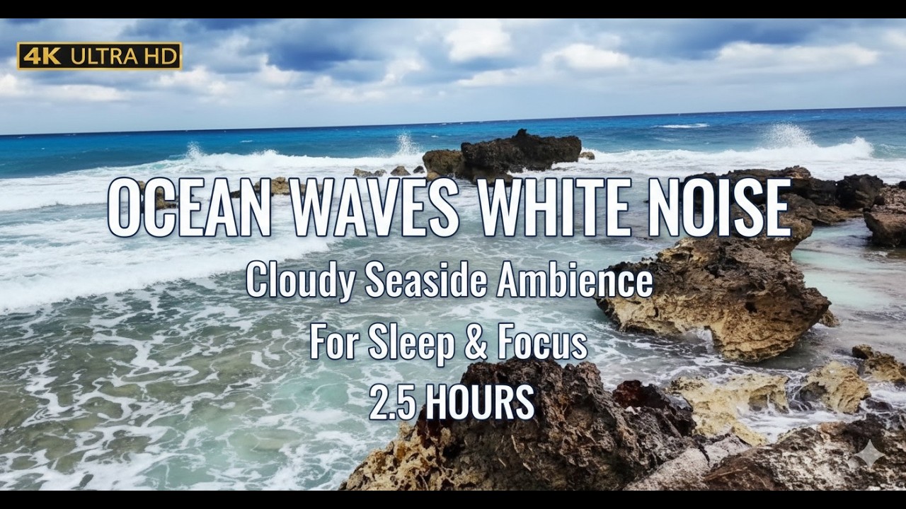 Ocean Waves White Noise | Cloudy Seaside Ambience for Sleep & Focus | 2.5 Hours | 4K
