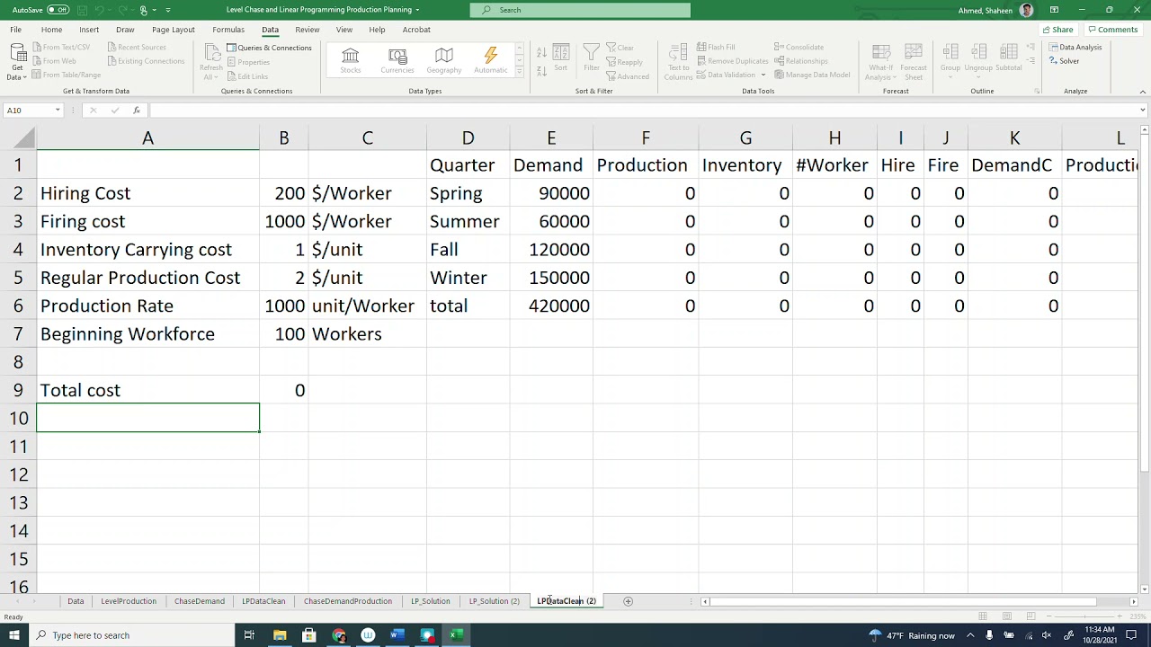 Productions, Sales, & Operations Planning | Linear Programming | Using MS Excel Solver Function