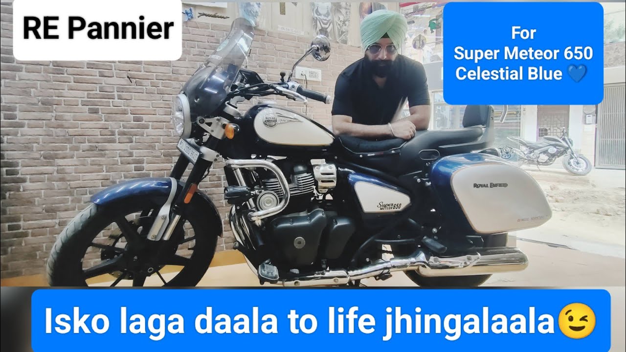 Super Meteor 650 Celestial Blue 💙: Enhancing Touring with modified RE Panniers. @royalenfield
