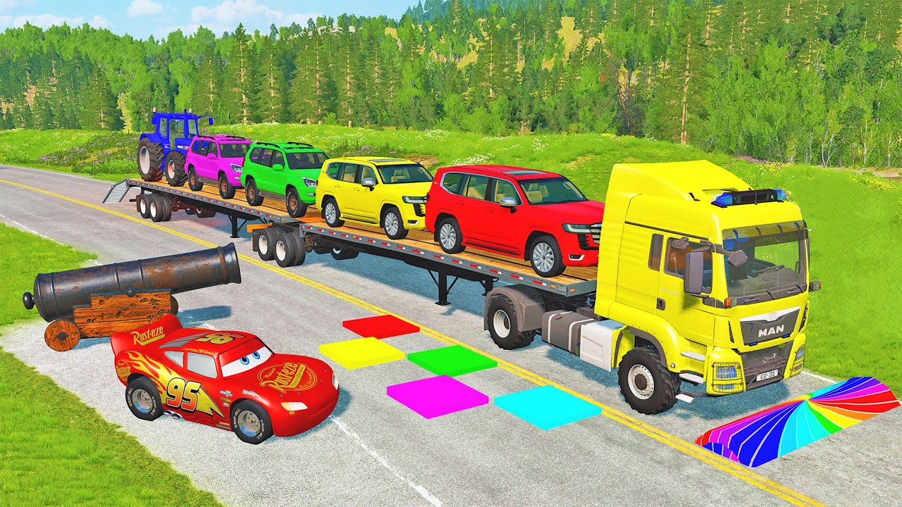 Flatbed Truck McQueen | Transportation with Truck - Pothole vs Car #30 | BeamNG.Drive Gameplay