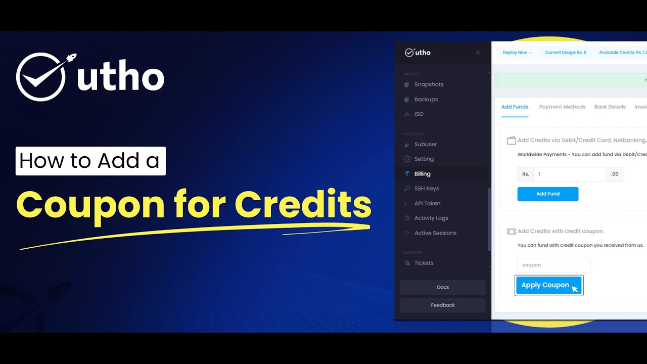 How to add a Coupon Code for Credits on Utho Cloud