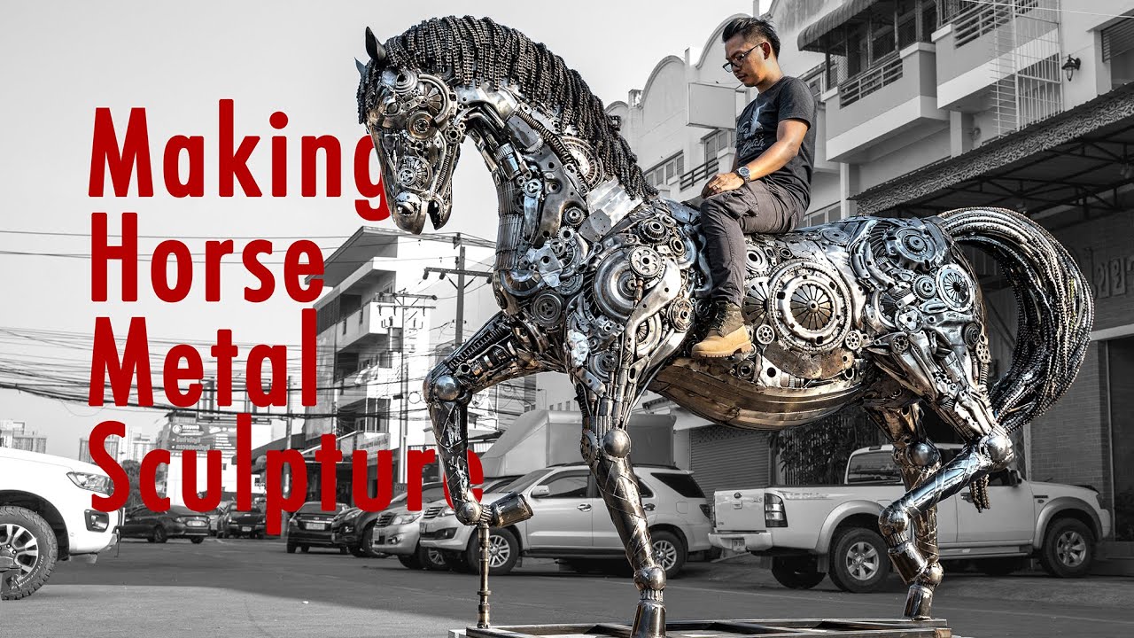 Horse metal sculpture. upcycle scrap metal artwork (4K)