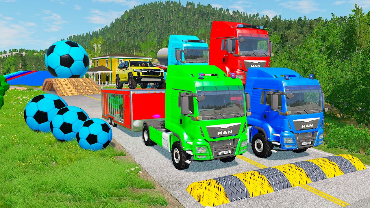 Flatbed Trailer McQueen Transportation with Truck - Speedbumps vs Cars vs Train - BeamNG.Drive #161
