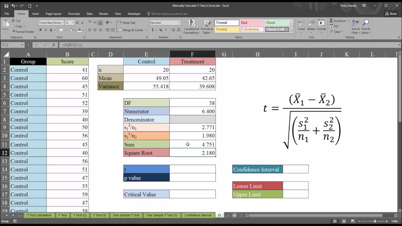 Calculating the 95% Confidence Interval after a T Test using Excel
